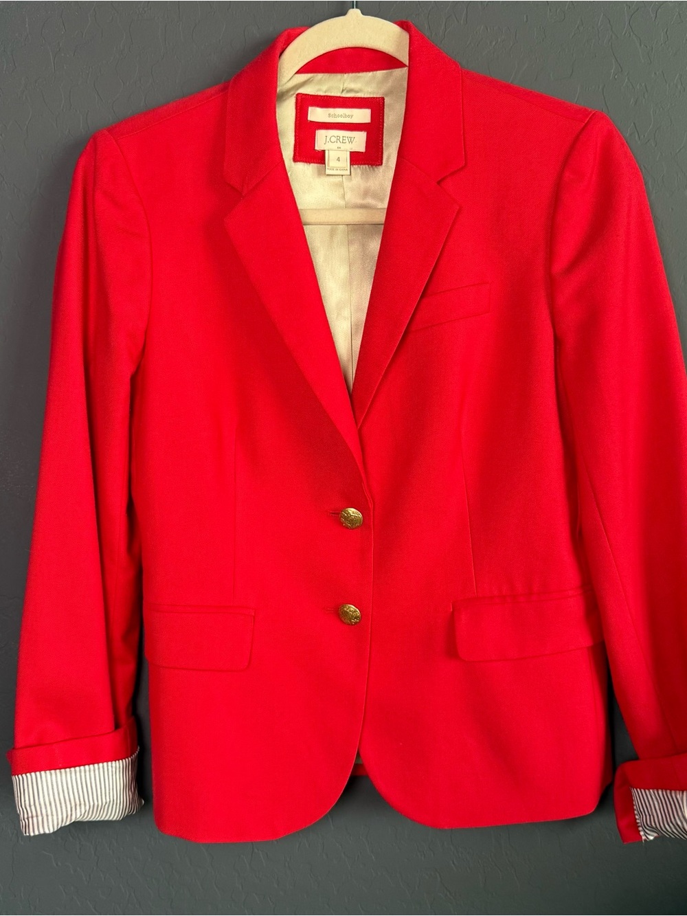 J.Crew Schoolboy Red Wool Blend Blazer Gold Buttons Size 4
